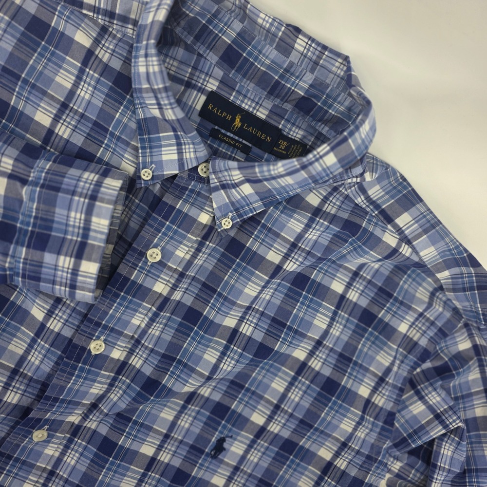 Ralph Lauren Button‎ Down Shirt Mens 2XB Classic Plaid Cotton Fit Blue Heritage
